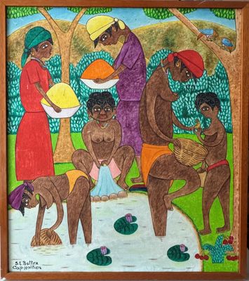a painting of a group of people in a park