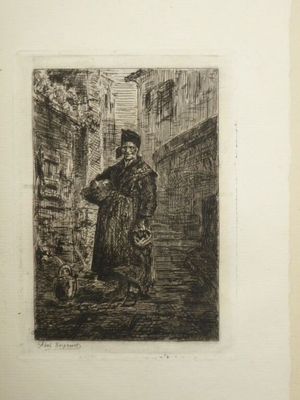 drawing of a man in a fur coat walking a dog down a street