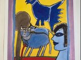 a painting of a blue bird on a yellow background