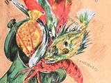 a painting of a green vase with red and yellow flowers in it