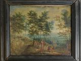 an oil painting of a landscape with figures in the foreground