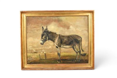 an oil painting of a donkey in a field by a fence
