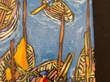 a picture of a painting of boats on the water