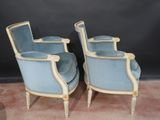 pair of french style armchairs in blue velvet with gold trim