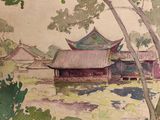 an image of a painting of a building in the middle of a field