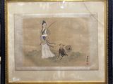 painting of a woman with a dog and a sheep in a field