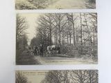 two old black and white photos of horses and people on a road