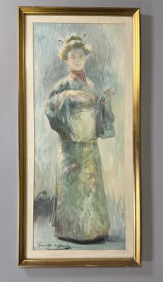une peinture à l'huile représentant une femme en robe verte tenant un pot