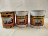 three buckets of paint sitting on top of a white table