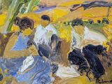 a painting of a group of people sitting on a beach