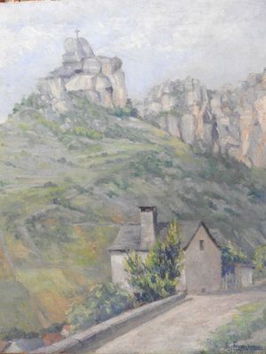 une peinture à l'huile représentant un château sur une colline, avec un cheval au premier plan