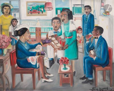 une peinture représentant un groupe de personnes assises autour d'une table