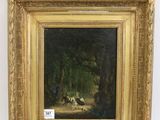 an oil painting of a wooded scene with a man and a dog in the foreground