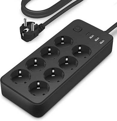 an image of a black power strip with multiple outlets and a usb cable