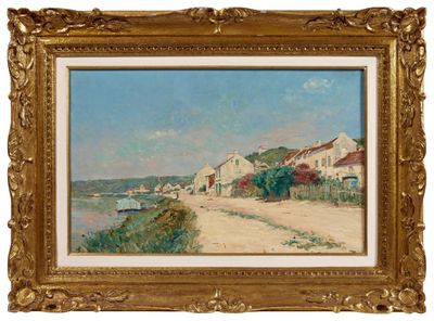 un tableau représentant une scène de plage avec des maisons et un bateau