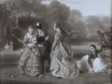 three women dressed in fancy clothing standing next to each other