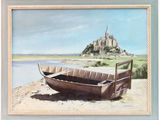 a painting of a boat on the beach near a castle
