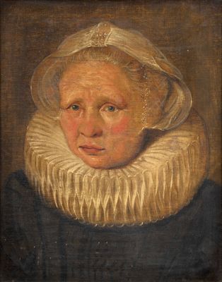 un vieux tableau représentant une femme portant un bonnet blanc et une robe noire