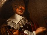 painting of a man in a large hat holding a bird