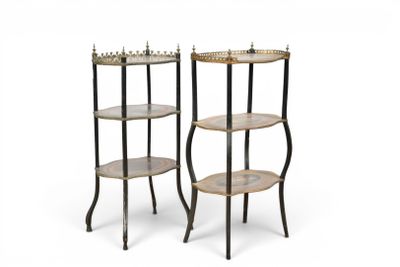 pair of three tiered side tables with glass shelves on each side