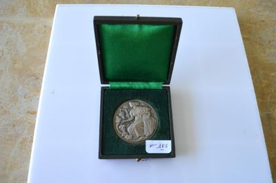 une médaille d'argent dans une boîte verte posée sur une table
