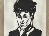 a black and white drawing of a man in a suit