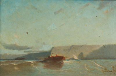 tableau représentant un bateau sur un plan d'eau, avec une montagne en arrière-plan