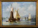 an oil painting of boats in a body of water with a mountain in the background