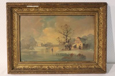 an old painting of a farm scene with a man and a dog in the snow