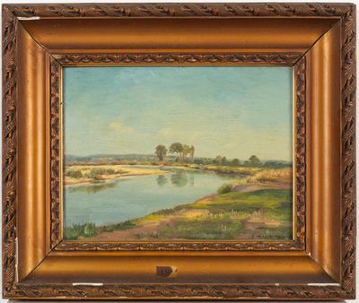 une peinture à l'huile représentant un paysage avec une rivière au premier plan