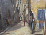 a painting of a man and a woman walking down a street