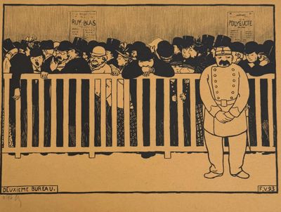 cartoon of a man standing in front of a fence with a crowd behind him