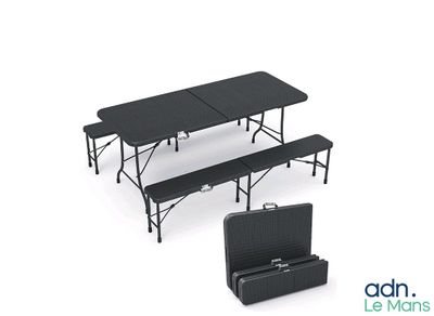 a black table and two benches next to each other