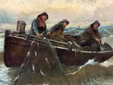 un tableau représentant trois hommes dans un bateau sur l'eau