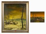 deux tableaux représentant un paysage enneigé avec une maison et des arbres