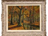 un tableau représentant une scène de forêt avec un ruisseau au premier plan