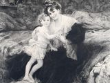 painting of a woman and child sitting on a rock with a dog