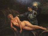 a painting of a naked woman laying on a barrel