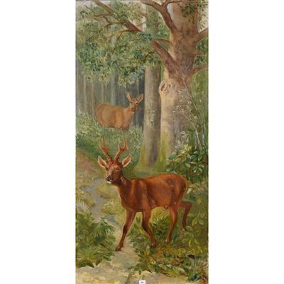 un tableau représentant deux cerfs dans une forêt, avec des arbres et des buissons