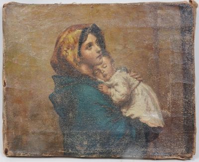 an old painting of a woman holding a baby in her arms
