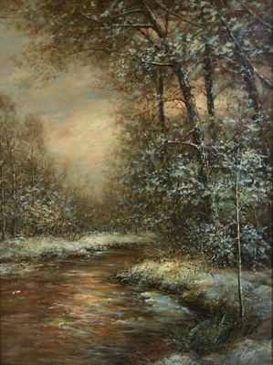 une peinture à l'huile représentant un ruisseau dans une forêt, avec de la neige au sol