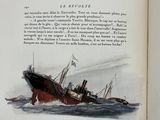 an open book with a picture of a boat in the water
