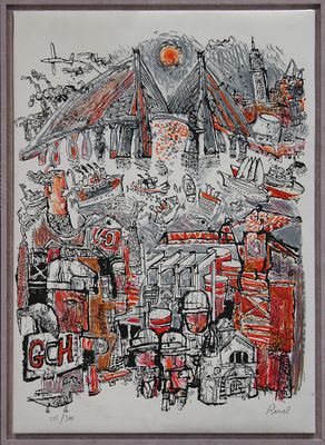 drawing of a drawing of a city with a lot of buildings