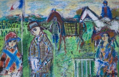 painting of a group of people standing in front of a fence with horses