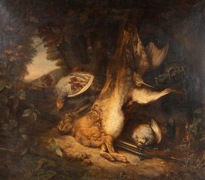 une image représentant un tableau sur lequel figurent un canard et un oiseau mort dans un environnement boisé
