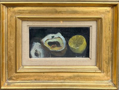 an image of a painting of a lemon and a bowl of fruit