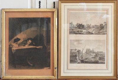 two framed pictures of a man sitting at a desk