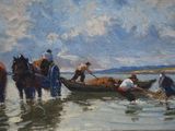 a painting of a group of people on a boat in the water