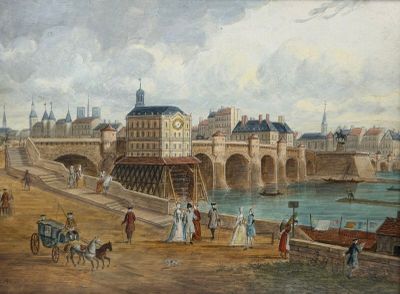 painting of a view of a city with a bridge over a river