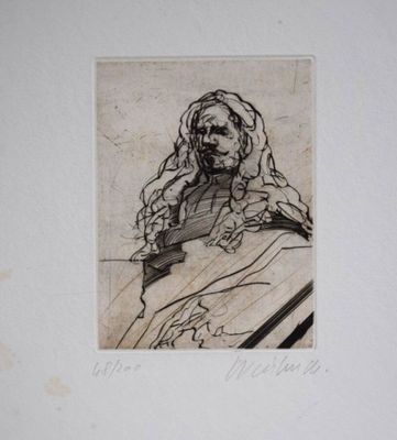 an old drawing of a man with a beard sitting in a chair
